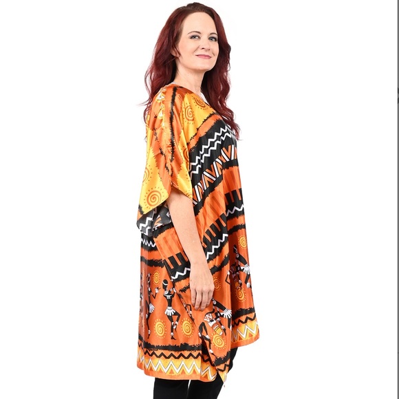 CARESSA ORANGE ETHNIC MIX SHORT BELOW KNEE S- 3XL LOUNGE COVERUP DRESS KAFTAN - Picture 4 of 8